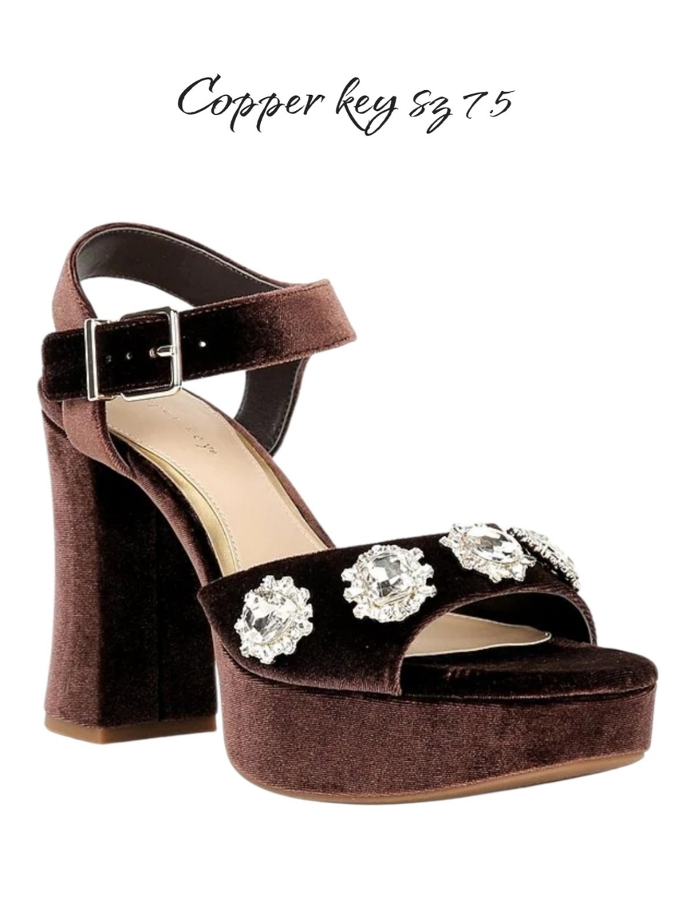 Copper Key Celleste Two Velvet Jewel Embellished Platform Sandals Brown 7.5